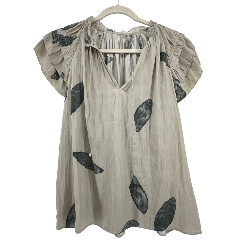 Ruffle‎ Sleeve Blouse Women L Taupe Black Abstract Print Split Neck Coastal Boho